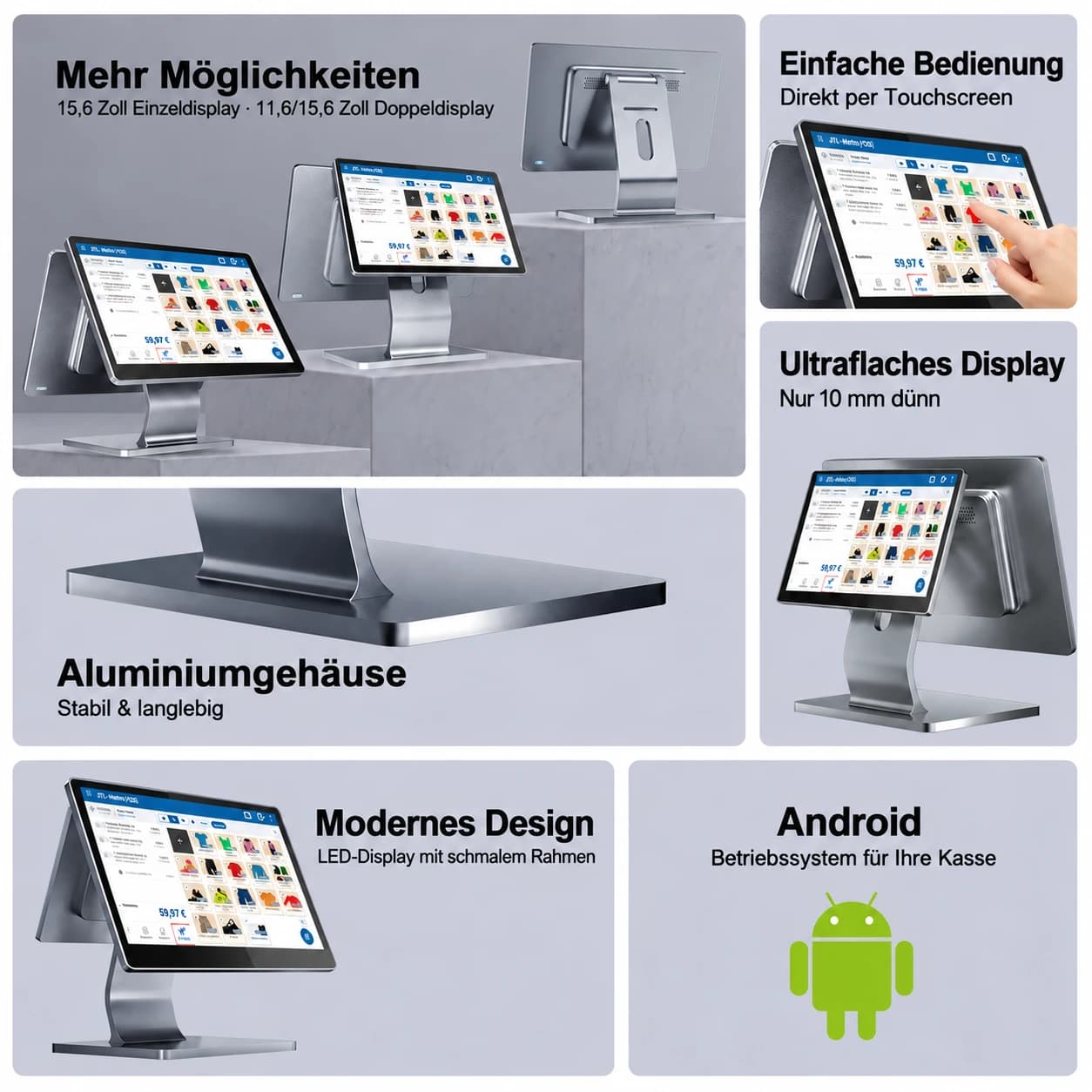 Android-Kassenterminal für JTL-POS: 15,6 Zoll Einzeldisplay oder Doppeldisplay, Touchscreen, Aluminiumgehäuse