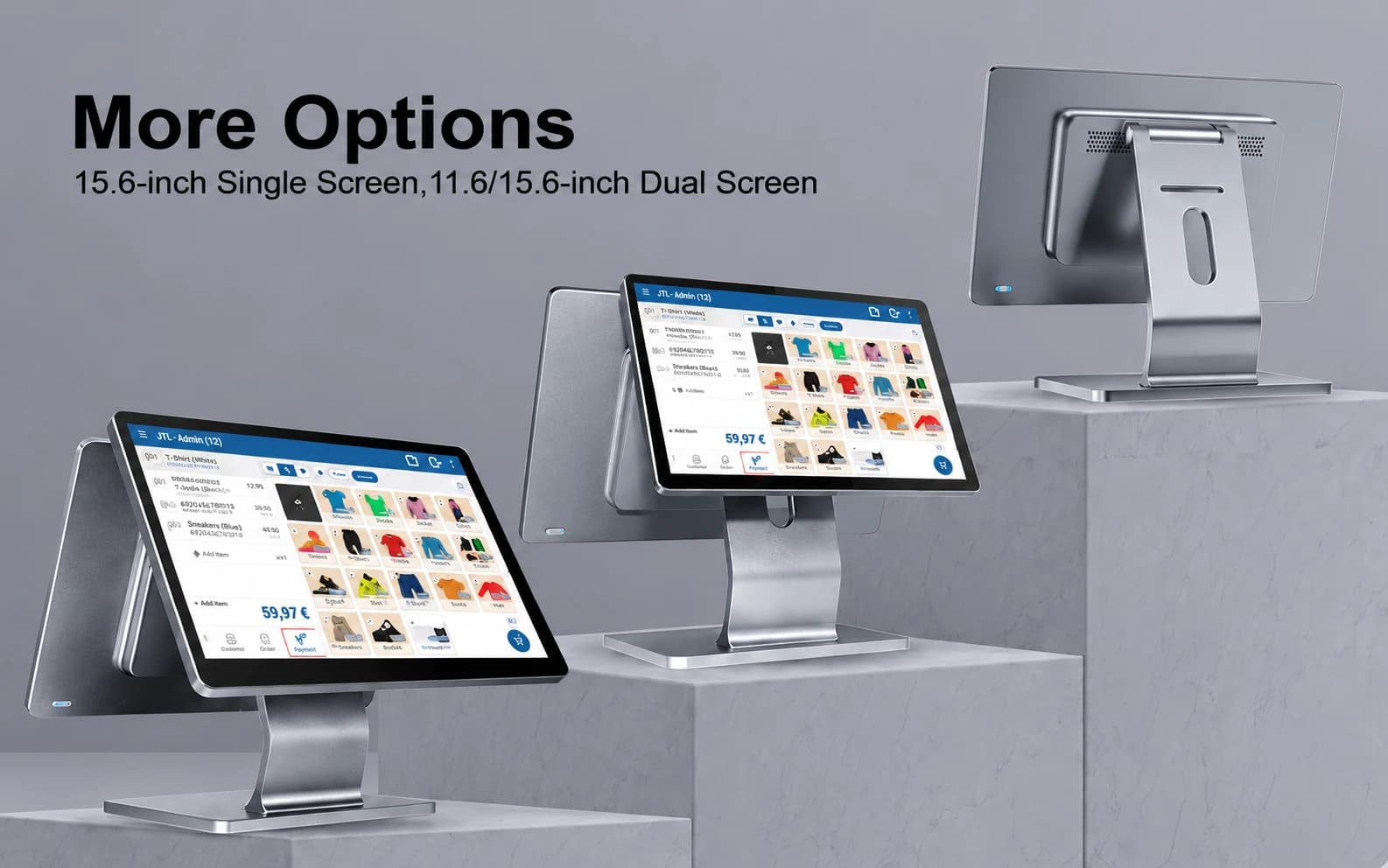 JTL-POS Kassenterminals mit 15,6-Zoll-Einzeldisplay und 11,6/15,6-Zoll-Doppeldisplay