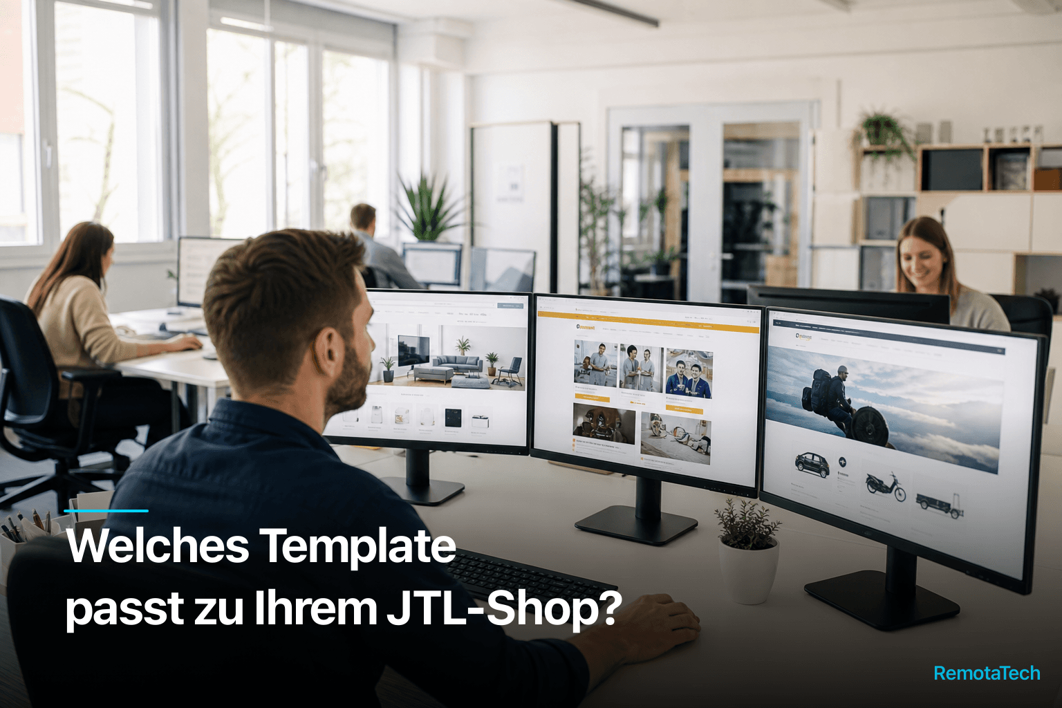 Verschiedene moderne Onlineshop-Oberflächen im JTL-Designvergleich auf einem großen Bildschirm