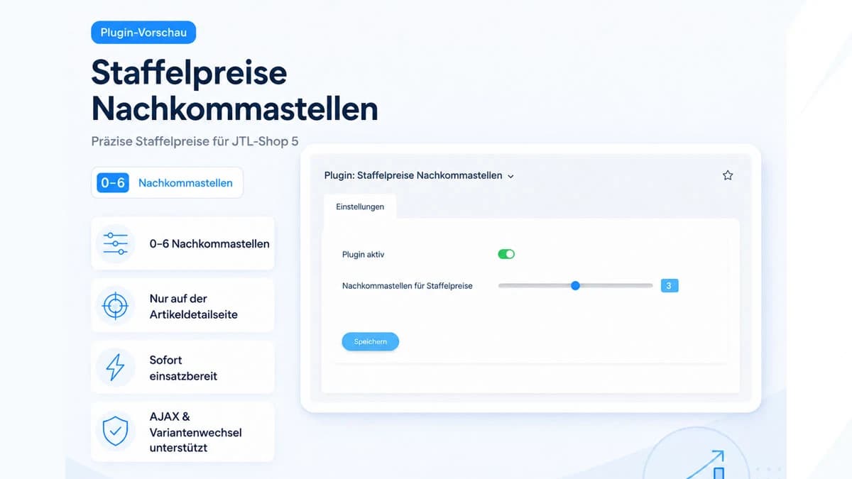 Plugin-Einstellungen im JTL-Shop-Backend: Schalter „Plugin aktiv“ und Schieberegler für Nachkommastellen