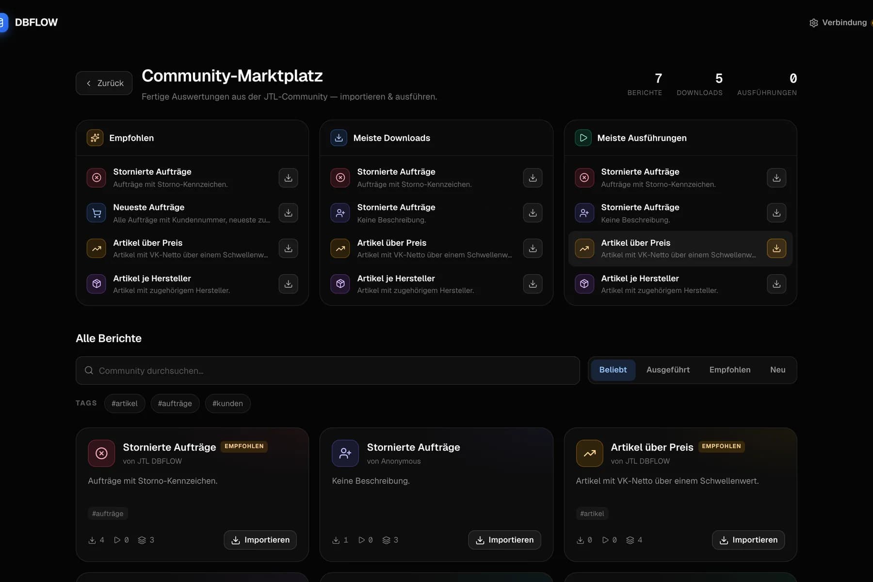 JTL DB Flow – Community-Marktplatz mit empfohlenen, meistgeladenen und meistausgeführten Berichten
