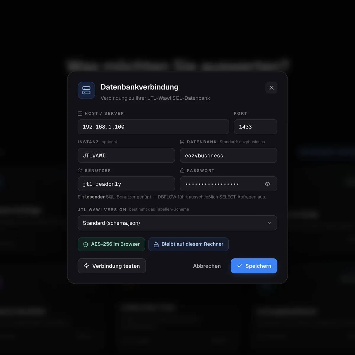 JTL DB Flow – Datenbankverbindung: Zugangsdaten werden AES-256-verschlüsselt im Browser gespeichert