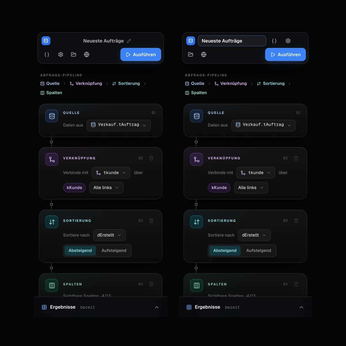 JTL DB Flow – Mobile Ansicht: Startseite und Berichts-Builder auf dem Smartphone