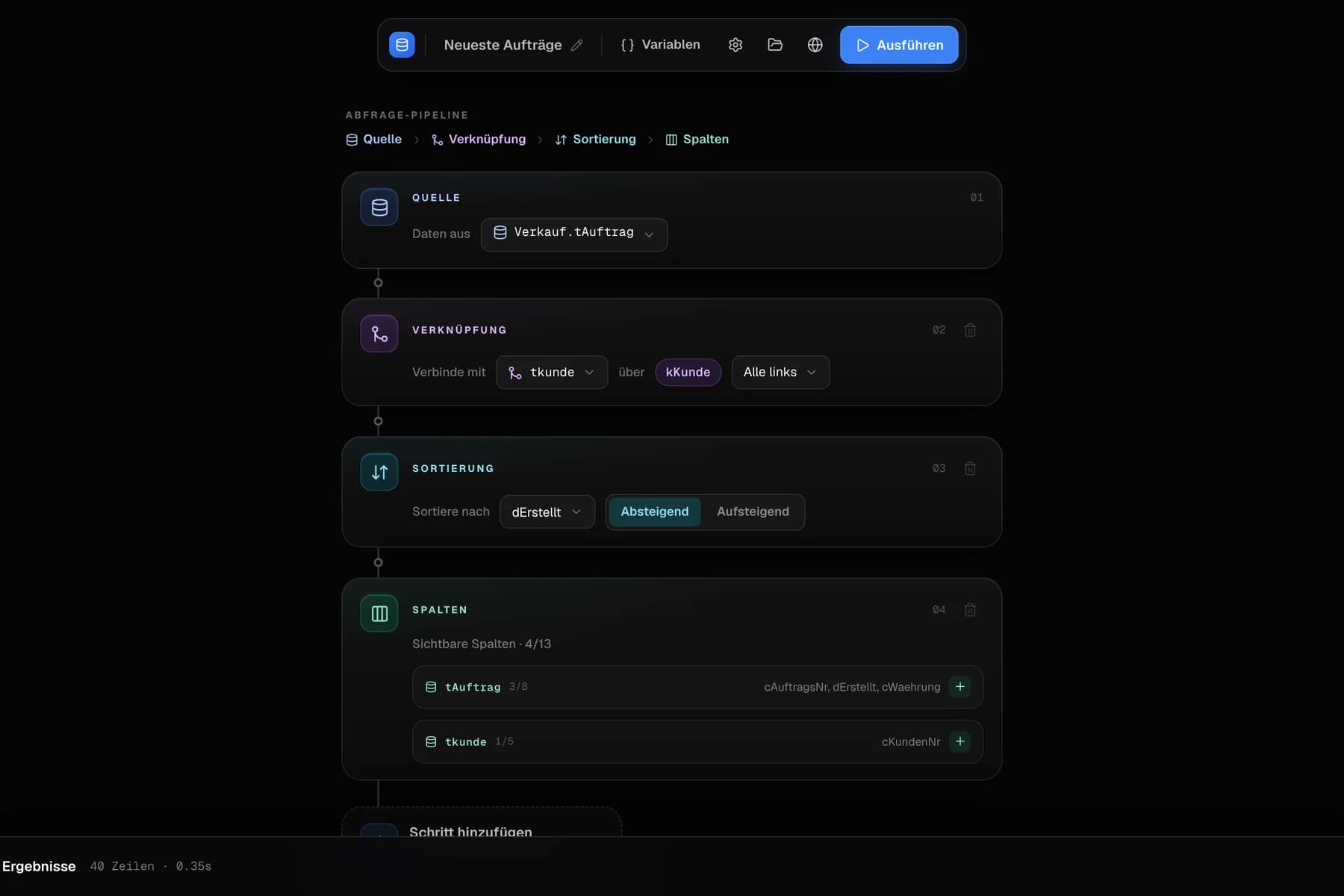 JTL DB Flow – Abfrage-Pipeline: Quelle, Verknüpfung, Sortierung und Spalten als Schritt-Karten