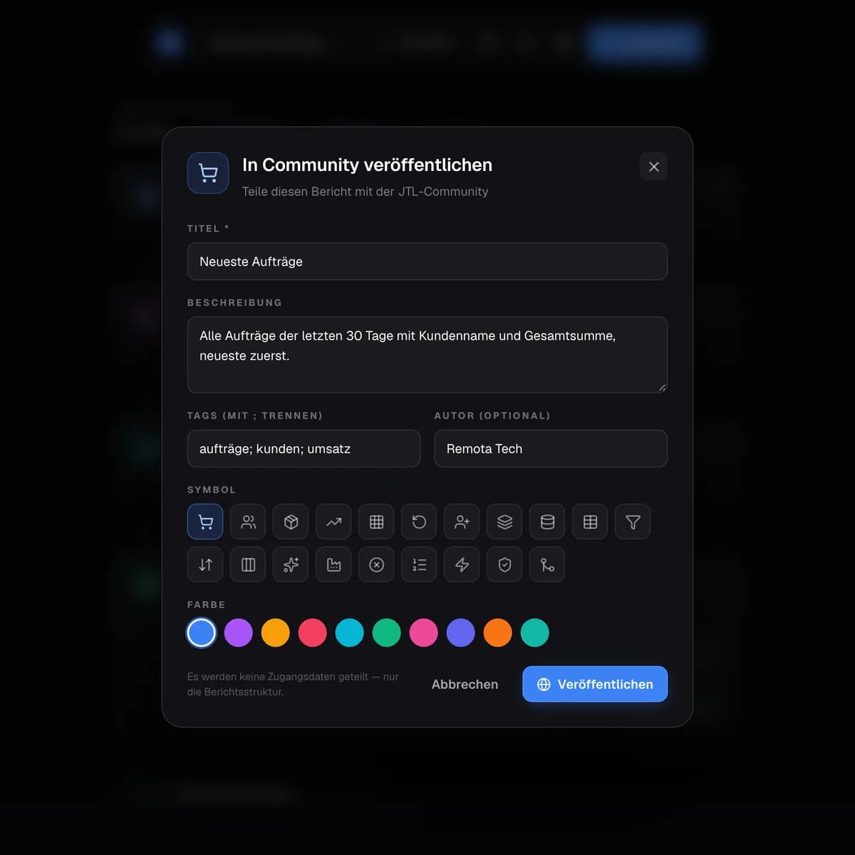 JTL DB Flow – Bericht in der Community veröffentlichen: Titel, Tags, Symbol und Farbe