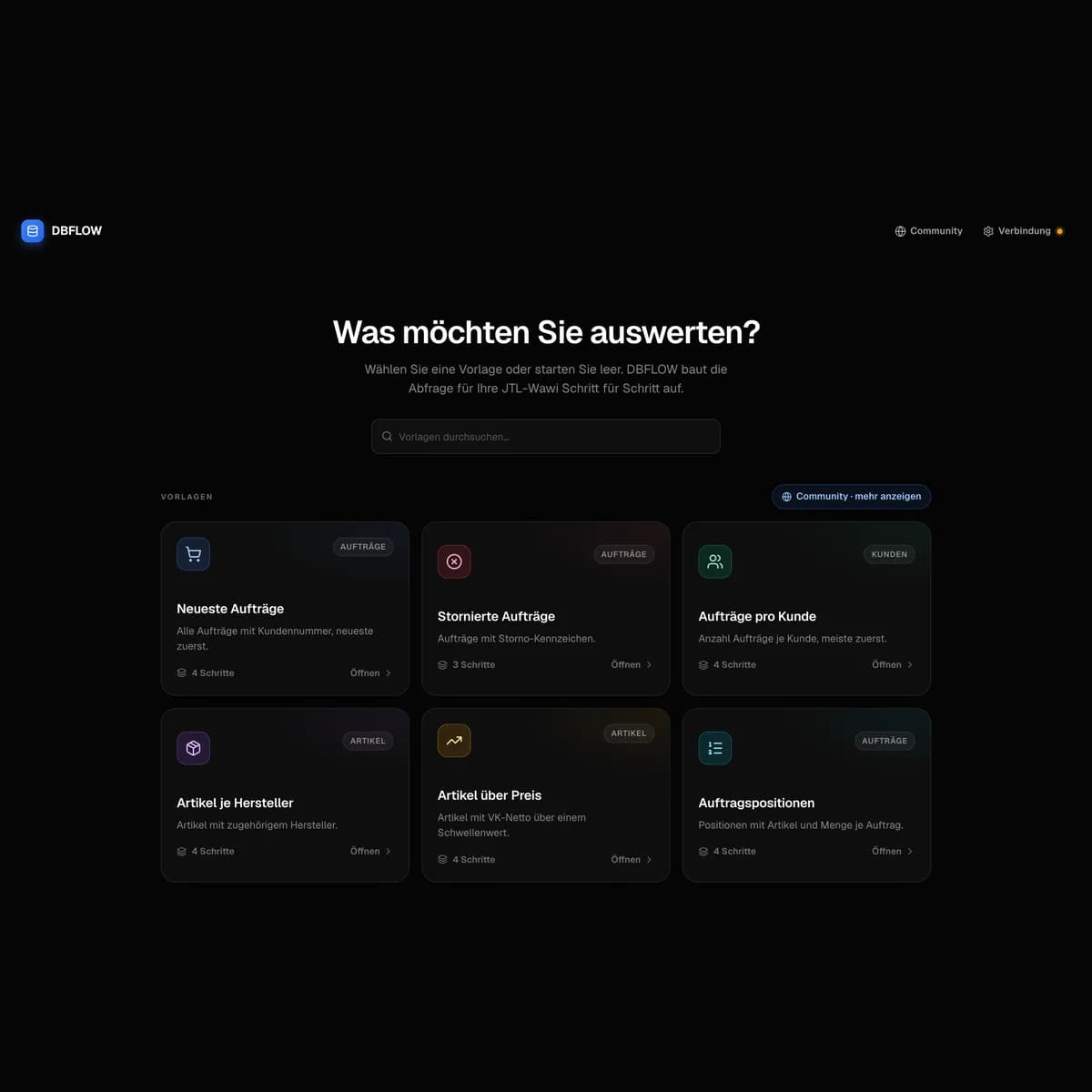 JTL DB Flow – Startseite mit sechs Berichtsvorlagen