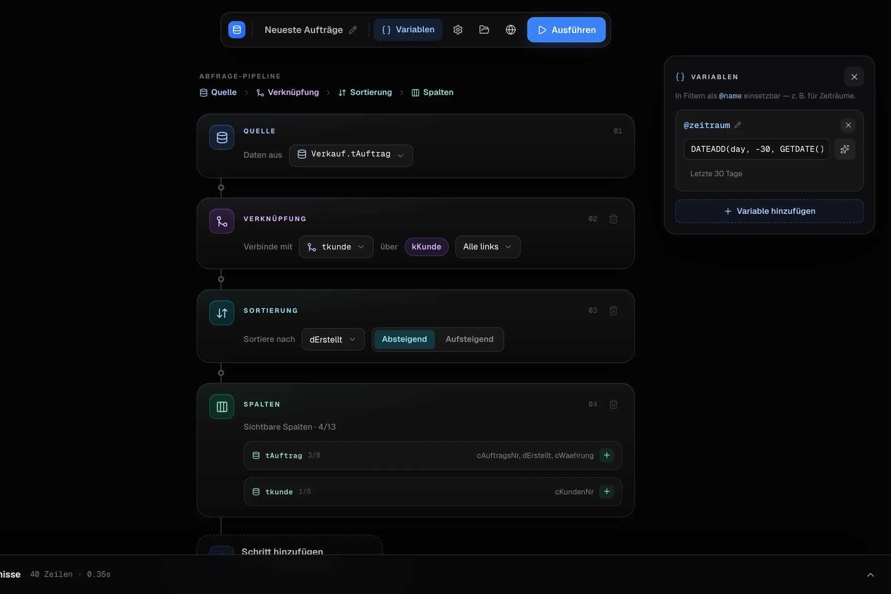 JTL DB Flow – Variablen-Panel mit @zeitraum als DATEADD-Ausdruck