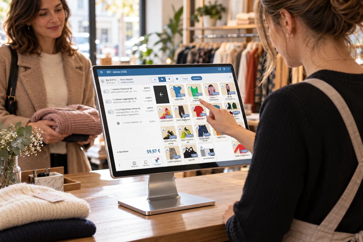 JTL-POS Kassensystem einrichten: Verkäuferin kassiert im Ladengeschäft am Touchscreen-Kassenterminal