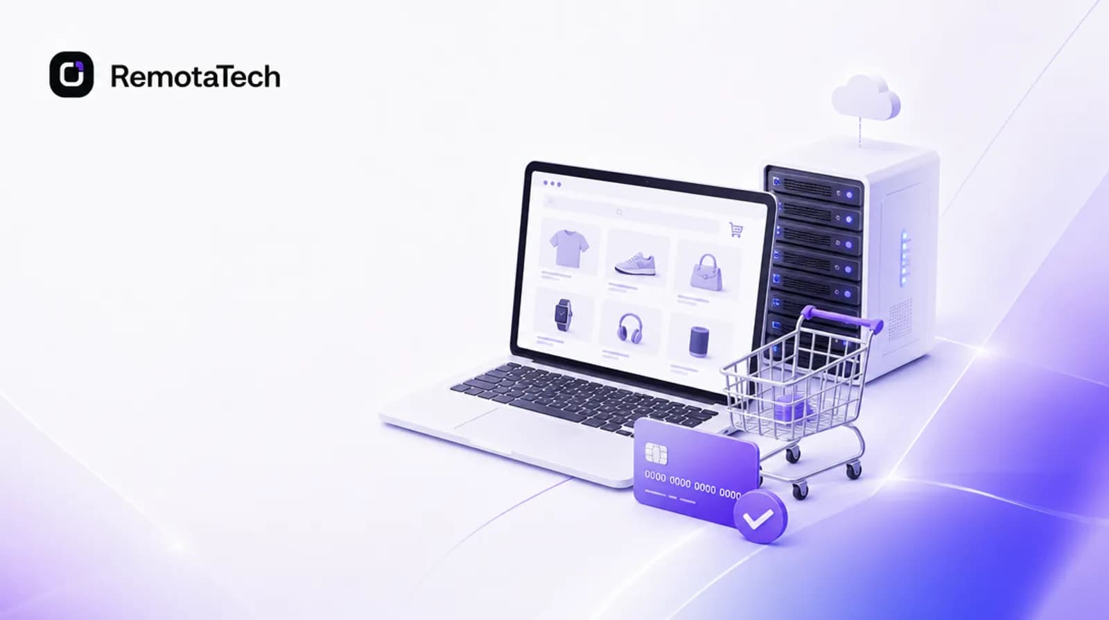 JTL-Shop erstellen: Illustration mit Laptop, Onlineshop-Produktraster, Warenkorb, Server und Zahlungskarte
