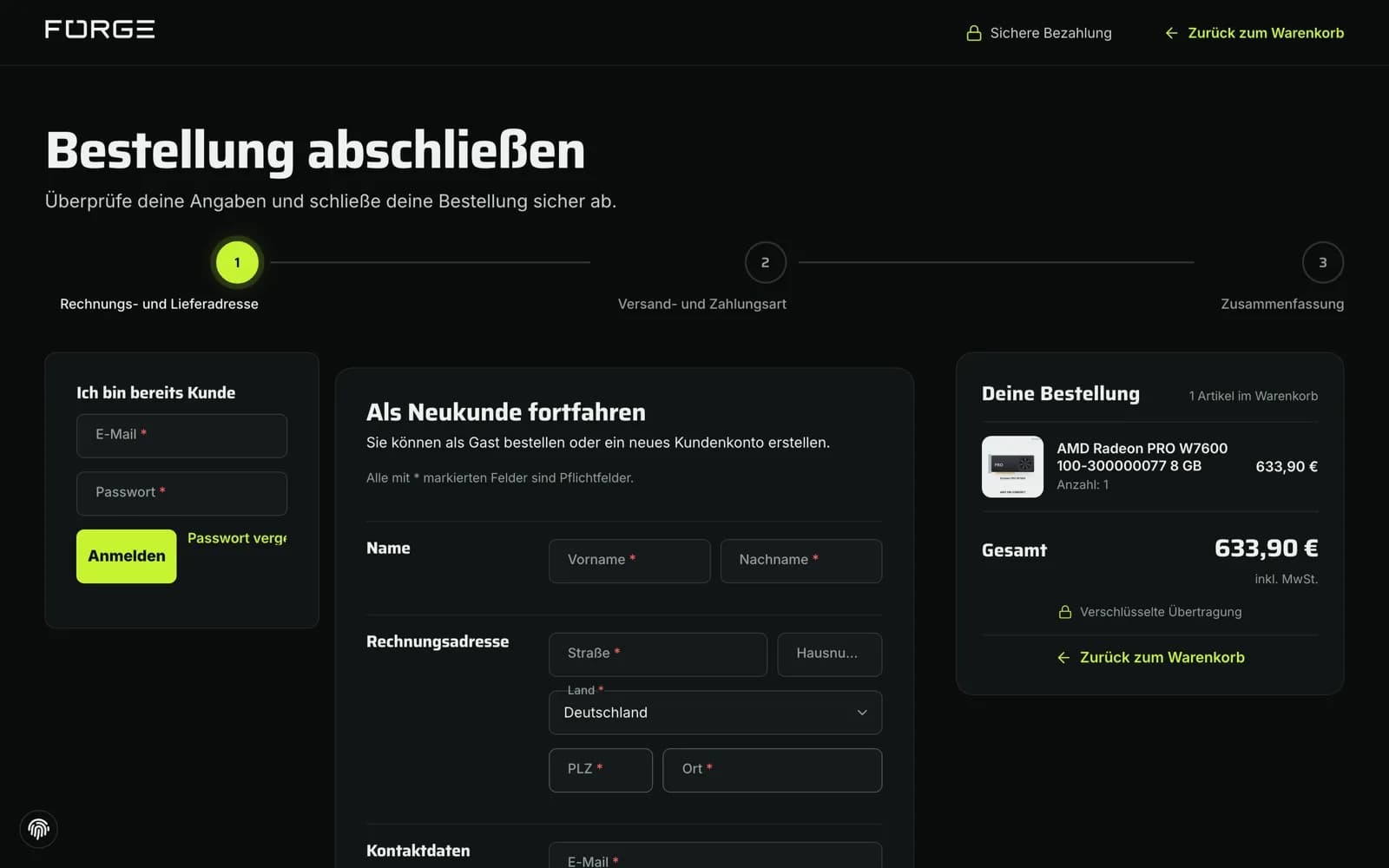 FORGE – Kasse, Schritt 1 von 3