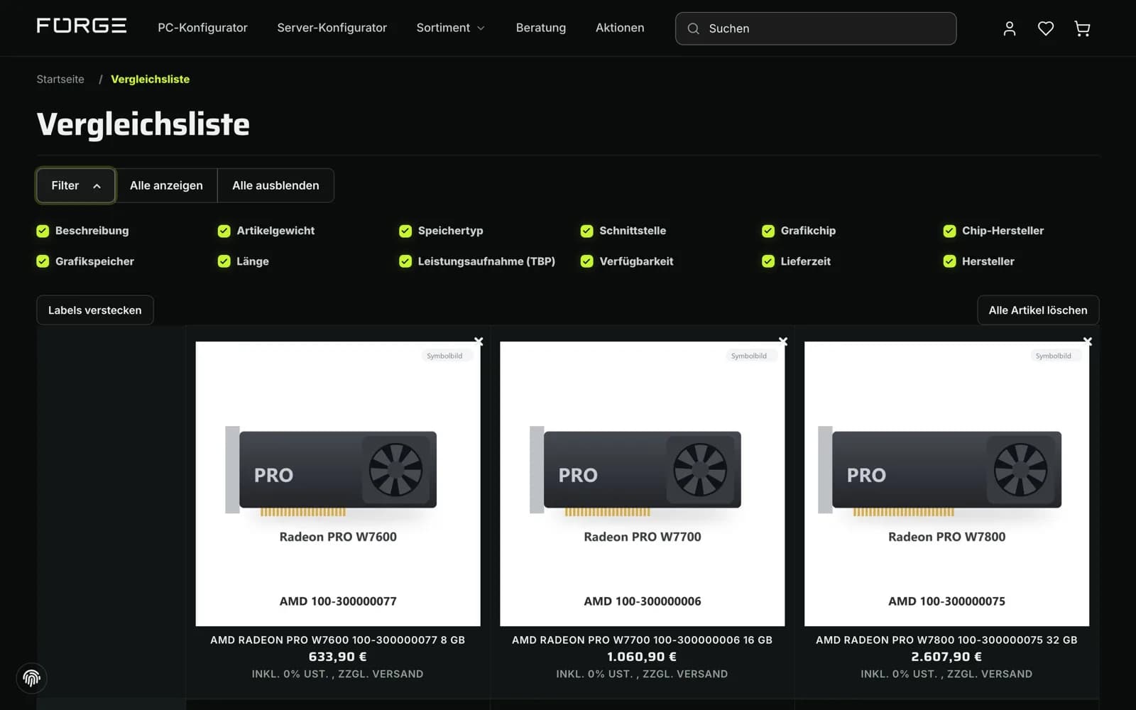 FORGE – Vergleichsliste mit Filter