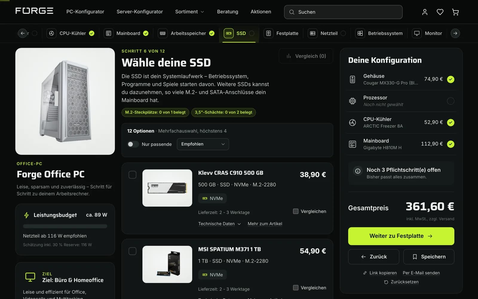 FORGE – Konfigurator mit Zusammenfassung und Gesamtpreis
