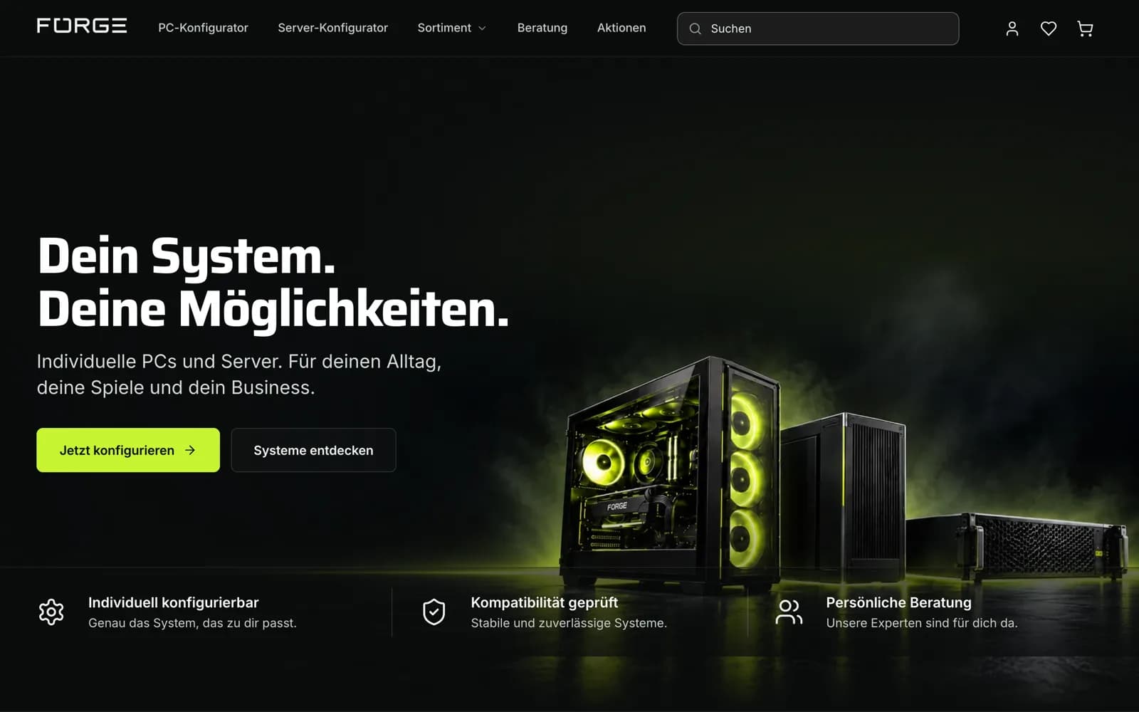 FORGE JTL-Shop Template: dunkle Startseite mit Gaming-PC, Workstation und Server