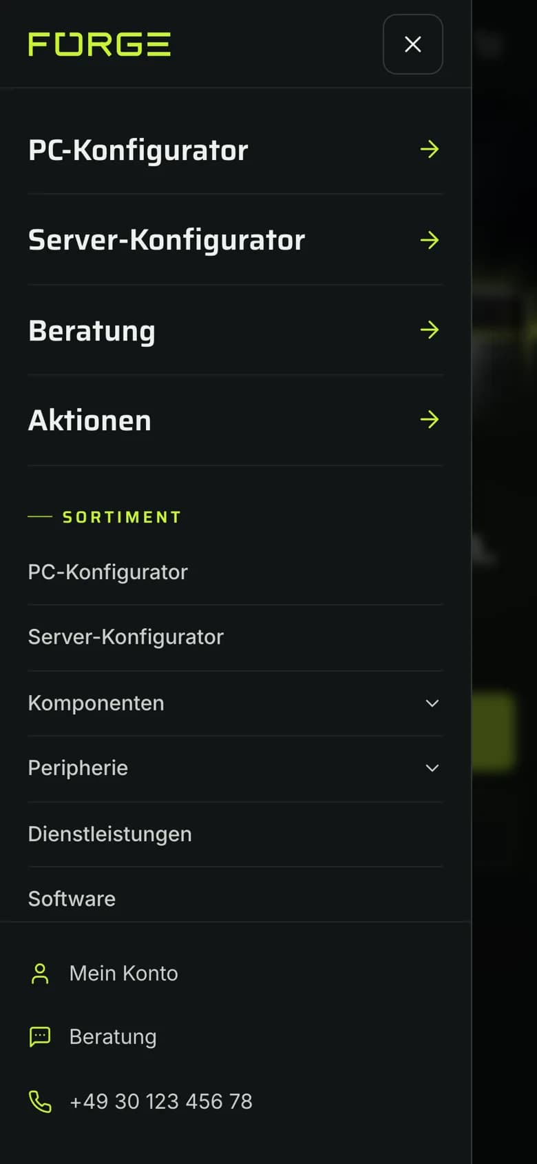 FORGE – Menü auf dem Smartphone