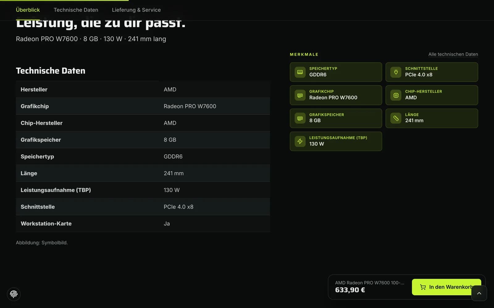 FORGE Produktseite einer Grafikkarte mit technischen Daten und Sticky-Kaufleiste am unteren Rand