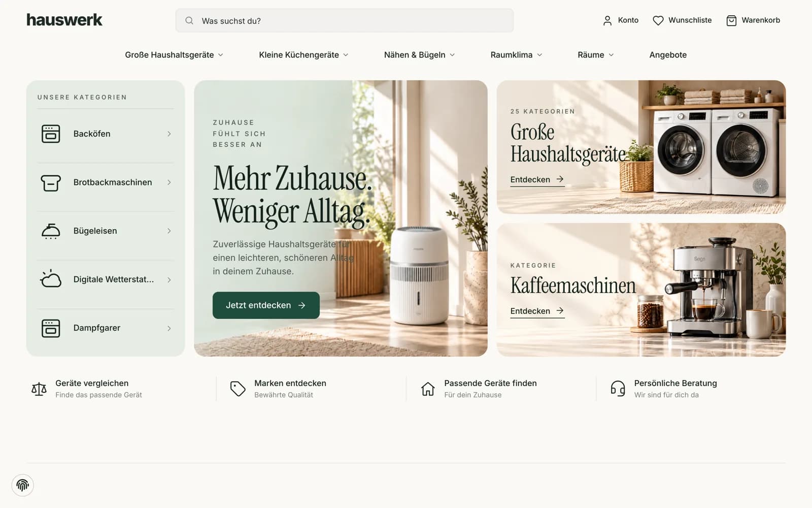 Hauswerk – Startseite mit Hero, Kategorien und Raumklima-Motiv