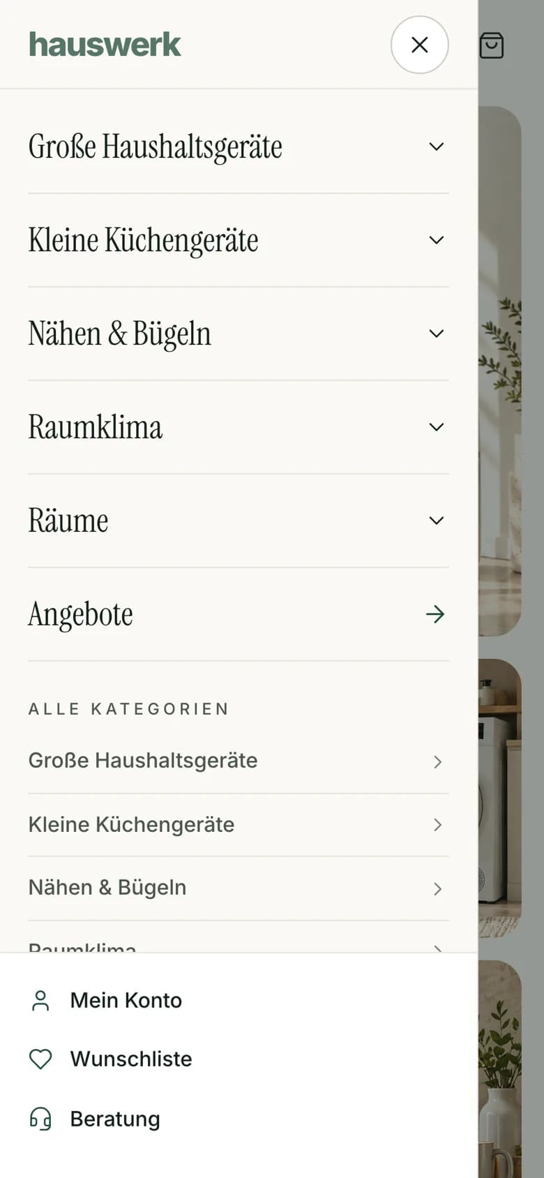 Hauswerk – Menü auf dem Smartphone