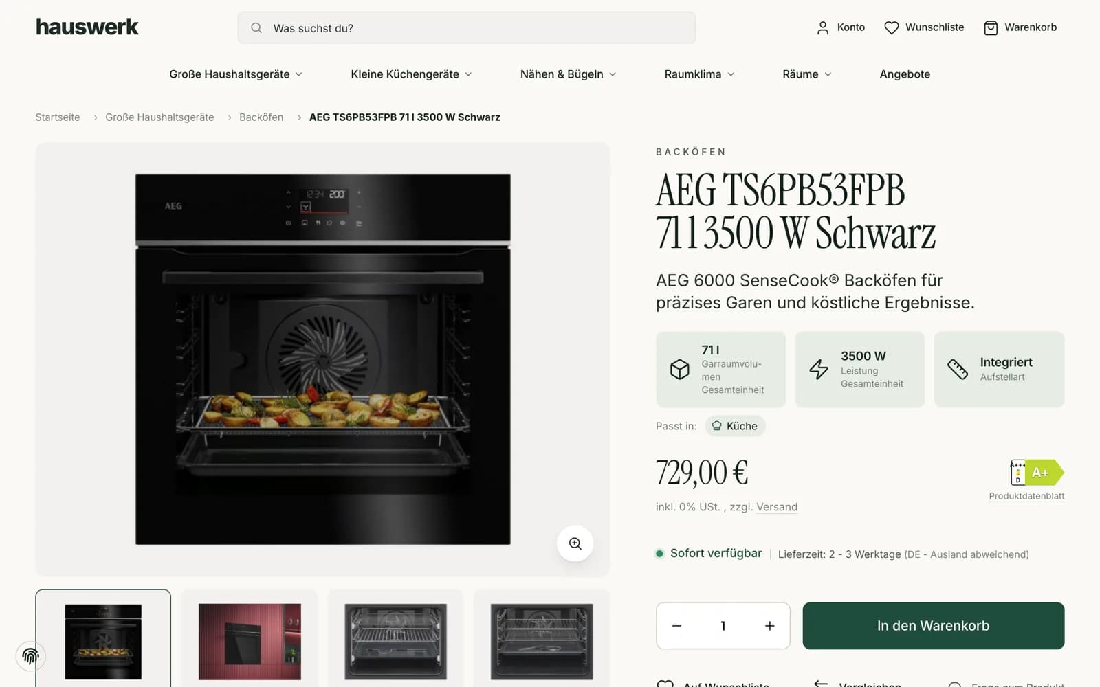 Hauswerk – Produktseite eines Backofens