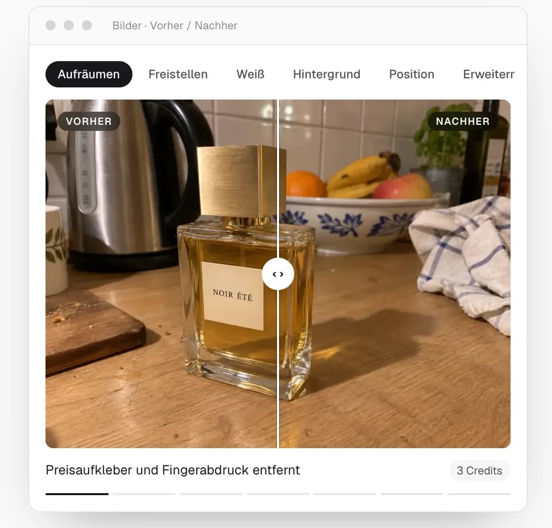 Merkme – Bildstudio: Vorher/Nachher, Preisaufkleber und Fingerabdruck entfernt