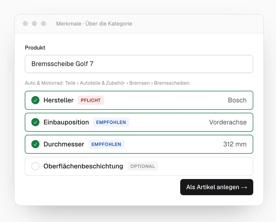 Merkme – Weg 1: Kategorie „Bremsscheiben“ erkannt, Merkmale mit Stufe Pflicht, Empfohlen, Optional