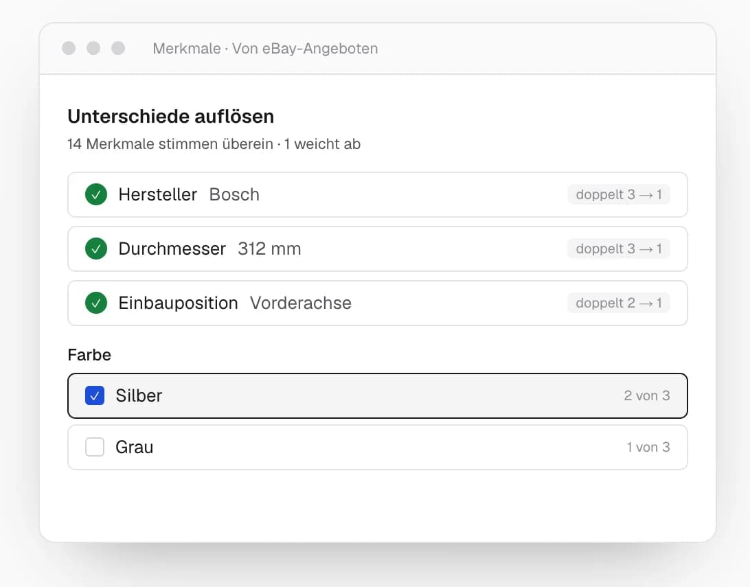 Merkme – Weg 2: drei eBay-Angebote zusammengeführt, 14 Merkmale stimmen überein, ein Konflikt bei Farbe
