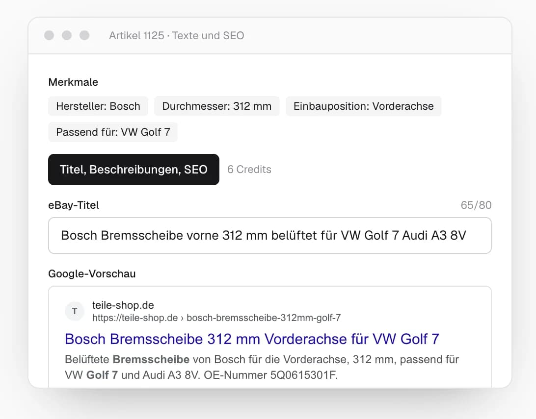 Merkme – Titel, Beschreibung und SEO aus den Merkmalen, mit Google-Vorschau in Pixeln